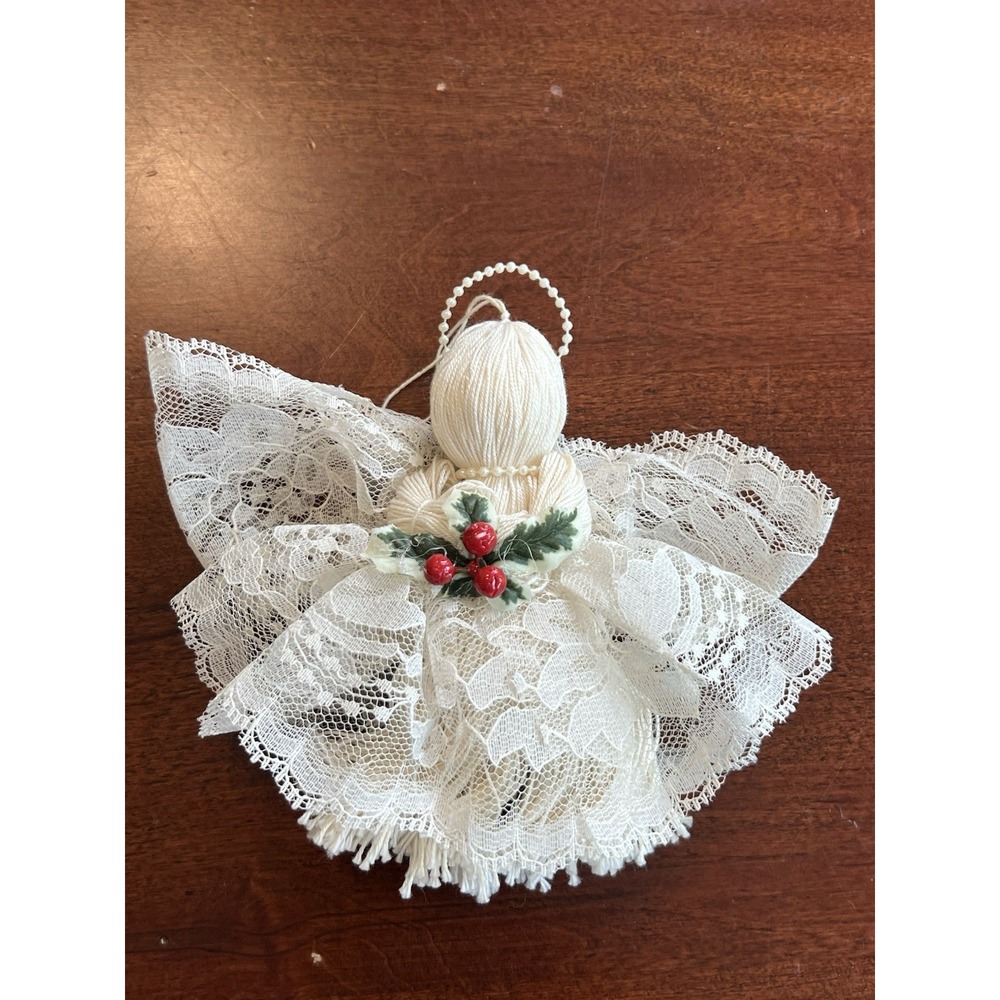 Vintage Handmade Angel Ornament Lace Yarn Ribbon Holly Berries Christmas Decor